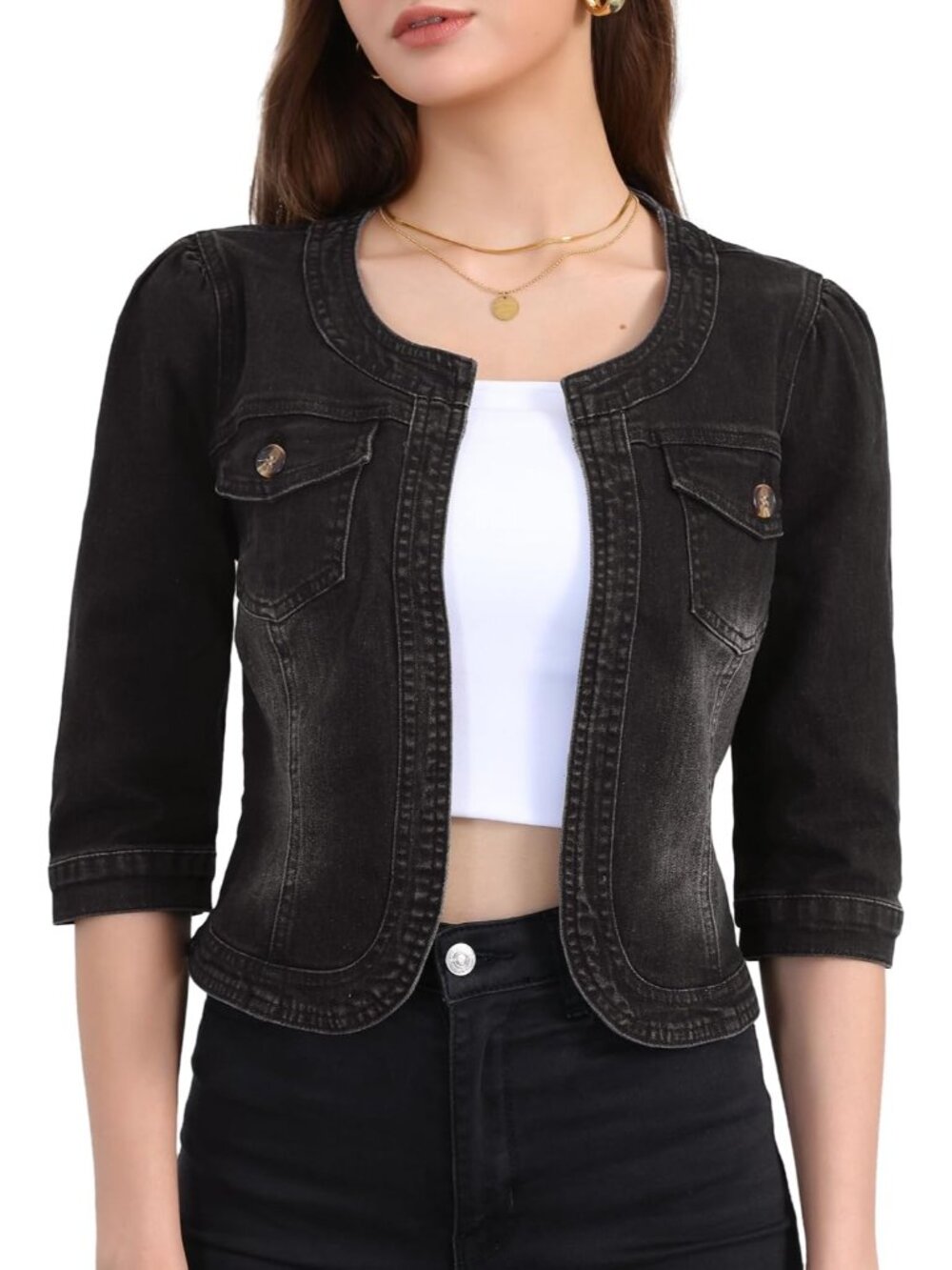 〽️Women’s Black Cropped Jean Jacket Collarless 3/4 Sleeve Denim Cardigan